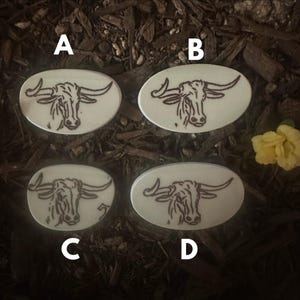 May include: Four oval-shaped white plaques labeled A, B, C, and D, each featuring a dark brown line drawing of a longhorn steer head. The plaques are arranged in a grid pattern, displaying consistent artistic detail across all four individual pieces.