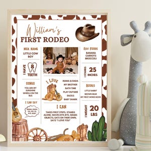 Plantilla editable moderna de cartel de hito de mi primer rodeo, cartel de primer año de vaquero, cartel de estadísticas de primer cumpleaños del salvaje oeste, primer cumpleaños