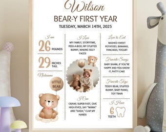 Editable Beary First Birthday Milestone Poster, Teddy Bear Birthday Milestone Photo Sign, Modern 1st Birthday Milestone Poster Template