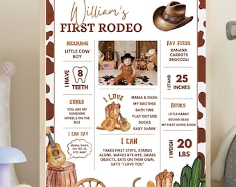 Modelo de pôster editável moderno para o marco do meu primeiro rodeio, pôster de primeiro ano de cowboy, placa com estatísticas do primeiro aniversário do Velho Oeste, 1º aniversário
