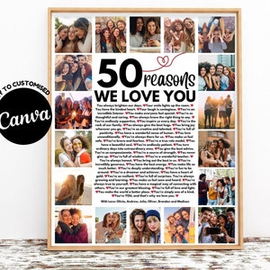 50 powodów, dla których Cię kochamy, plakat ze zdjęciami, edytowalny prezent na 50. urodziny dla niego lub dla niej do wydrukowania, spersonalizowany wystrój na 50. urodziny
