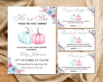 May include: Baby shower invitations and inserts with watercolor pumpkins and floral accents. The main invitation reads "He or She, What do you think?" and includes event details. Inserts include "Diaper Raffle," "Books for baby," and "Thank you!"