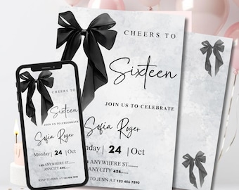 Editable Sixteenth Birthday Party Invite, Coquette Black Bow 16th Invitation Template, 16th birthday invitation, Cheers to Sixteen Invite