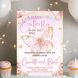 Faire-part de baby shower papillon modifiable, faire-part de baby shower papillon pour fille, faire-part de baby shower modifiable papillon or violet