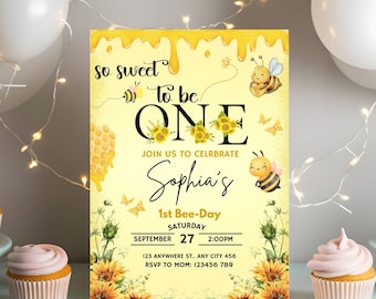 First Bee Day Invitation, First Birthday Invitation, Cute Bee Birthday Invite, Baby's First Birthday Invitation Template, First Birthday