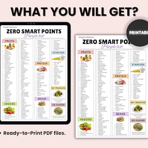 May include: A digital printable Weight Watchers Zero Smart Points Purple list. The list is displayed on a tablet and a printed sheet. The list is categorized by Fruits, Veggies, Protein, Beans, Starches, and No Tracking. The text "Ready-to-Print PDF files" is at the bottom.