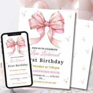 Our Little Is Turning One, Pink Bow 1st Birthday Invitation, Elegant 1st Pink Ribbon Theme Party Invitation, Girl First Birthday Invite