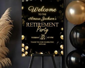 Editable Retirement Party Welcome Sign Template, Retirement Dinner Elegant Black White Gold Sparkle Glitter, Retirement Party Its a Surprise
