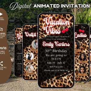 Cheetah Print Vacation Vibe Invitation, Animated Red Cherry Girls Night Invite, Birthday Dinner & Drinks Invite, Glam Party Invite Leopard