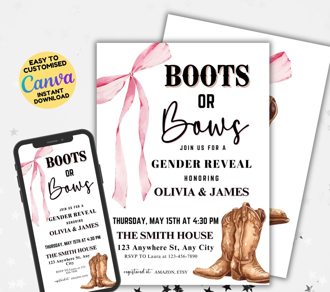 Editable Boots or Bows Gender Reveal Invitation Template, Western Boots