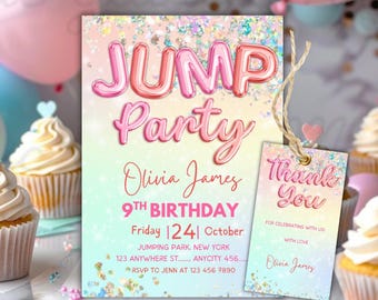 Invito di compleanno per festa di salto per ragazze, festa di rimbalzo, festa sul trampolino, invito modificabile per festa di salto, invito di compleanno sul trampolino, invito arcobaleno