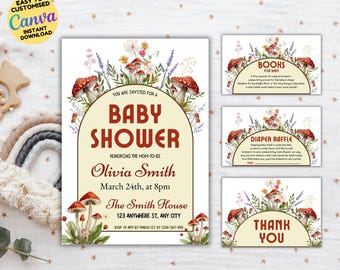 Editable Mushrooms Baby Shower Invitation Bundle, Mushroom Wildflower Baby Shower Invite template, Garden Baby Shower invitation Set