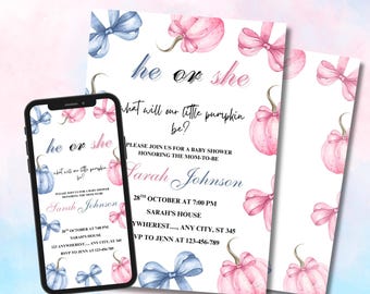 May include: Baby shower invitations with the text "he or she, what will our little pumpkin be?" The invitations feature pink pumpkins and blue bows. The name "Sarah Johnson" is displayed on the invitation, along with the date, time, and location.