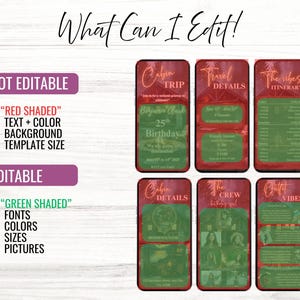 Peut inclure: Mod&egrave;le de faire-part num&eacute;rique rouge et vert. Il comprend des sections pour un voyage en cabane, les d&eacute;tails du voyage, l'itin&eacute;raire et les tenues. Le texte "What Can I Edit!" est en haut.