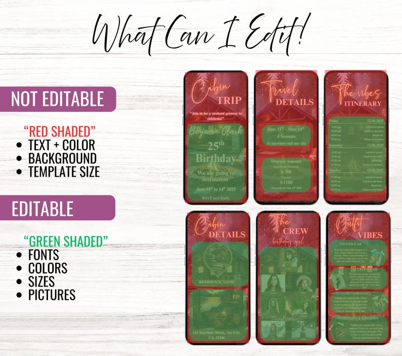 Peut inclure: Mod&egrave;le de faire-part num&eacute;rique rouge et vert. Il comprend des sections pour un voyage en cabane, les d&eacute;tails du voyage, l'itin&eacute;raire et les tenues. Le texte "What Can I Edit!" est en haut.