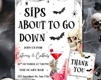 Adult Halloween Skeleton Invitation, Editable Sips About to Go Down Halloween Invite, Cocktails and Costumes Invite, Halloween Cocktails