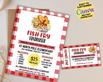 Könnte beinhalten: Ein roter und weißer karierter Hintergrund mit einem Flyer für eine Fischbrathilfe an der North Pole Elementary. Der Flyer enthält Datum, Uhrzeit, Ort und Menüpunkte. Der Flyer enthält auch ein Ticket für die Veranstaltung. Das Ticket ist rot und weiß mit den Worten "Fish Fry Fundraiser" und "Admit One".