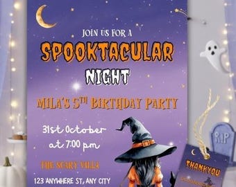 ハロウィン魔女の誕生日招待状、不気味な夜のハロウィンパーティー招待状、ハロウィンパーティー招待状、女の子の誕生日招待状