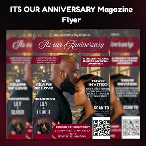 May include: A magazine flyer with the headline "ITS OUR ANNIVERSARY." The flyer features a couple, the text "12 YEARS OF LOVE," and the names "LILY + OLIVER." It includes a QR code and the invitation "YOU'RE INVITED."