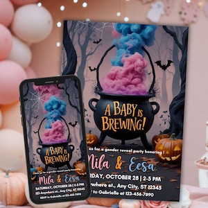 May include: A gender reveal party invitation and a phone displaying the same image. The invitation features a black cauldron with blue and pink smoke, the text "A Baby is Brewing!", pumpkins, bats, and the names Mila & Eesa.