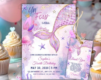 May include: A mermaid-themed birthday invitation and tag set. The invitation features a purple mermaid tail, the number 4, and the text "Sophia's Fourth Birthday." The tag says "Thank You." The design uses purple, pink, and gold.