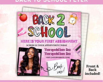 Terug naar school-flyersjabloon, terug naar school-haarflyer, terug naar school-verkoopflyer, speciale vlechtflyer, DIY Back 2 School-flyer