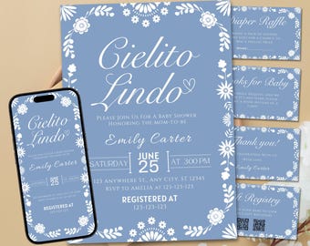 Editable Cielito Lindo Baby Shower Invite, Cielito Lindo Invitation Set, Mexican Baby Shower Invitation, Papel Picado Invite, Blue Talavera