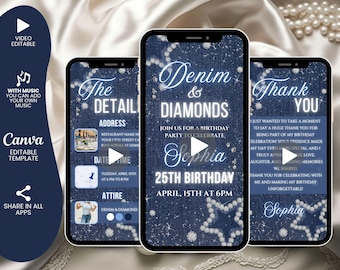 Animated Denim and Diamonds Party Invitation Template, Editable Denim or Diamonds Birthday Dinner Video Invite, Birtdhay Itinerary Invite