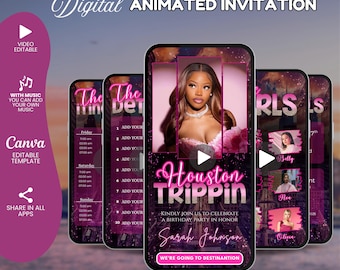 Houston Girls Trip Itinerary Invitation, Pink Bachelorette Party, birthday girl video Invitation, Birthday Weekend, Houston girls trip Evite