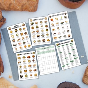 May include: Five printable sheets with keto meal plans for breakfast, lunch, dinner, snacks, and a grocery list. The sheets are white with black text and green accents. The sheets are laid out on a grey surface with brown pastries.