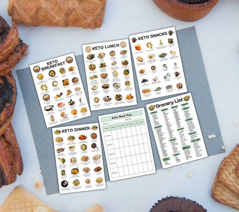 May include: Five printable sheets with keto meal plans for breakfast, lunch, dinner, snacks, and a grocery list. The sheets are white with black text and green accents. The sheets are laid out on a grey surface with brown pastries.