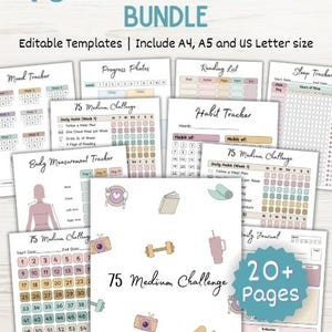 May include: A bundle of printable templates for a 75 Medium Challenge. The templates include trackers for mood, progress photos, reading, sleep, habits, body measurements, and a daily journal. The bundle includes over 20 pages and is available in A4, A5, and US Letter sizes.