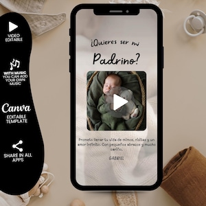 Può includere: Uno smartphone mostra un modello di annuncio per bambini. Lo schermo mostra un bambino in un cesto, con testo in spagnolo che chiede "Vuoi essere il mio Padrino?" e promesse d'amore. Il modello Canva è modificabile e condivisibile.
