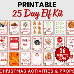 May include: A printable 25 Day Elf Kit with 36 activity cards. The cards feature various Christmas-themed activities and props, including movie nights, gingerbread houses, and snowman building. The kit is designed for holiday fun.