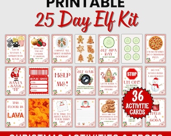 May include: A printable 25 Day Elf Kit with 36 activity cards. The cards feature various Christmas-themed activities and props, including movie nights, gingerbread houses, and snowman building. The kit is designed for holiday fun.