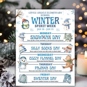 Winter School Spirit Week Flyer Editable, Winter Itinerary Schedule, Daily Weekly Calendar, School Pto Pta, Elementary Kids Holiday Planner