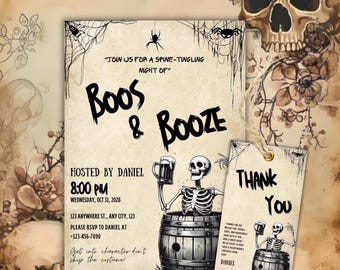 Skeleton Boos & Booze Halloween Party Invitation Template, Editable Adult Halloween Invite, Printable Fun Beer Invite Ghost cocktails design