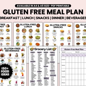 Plan de repas sans gluten, Intolérance au gluten, Sans gluten ni produits laitiers, Liste de courses sans gluten, Planificateur de repas, Aliments sans gluten, Tableau des aliments