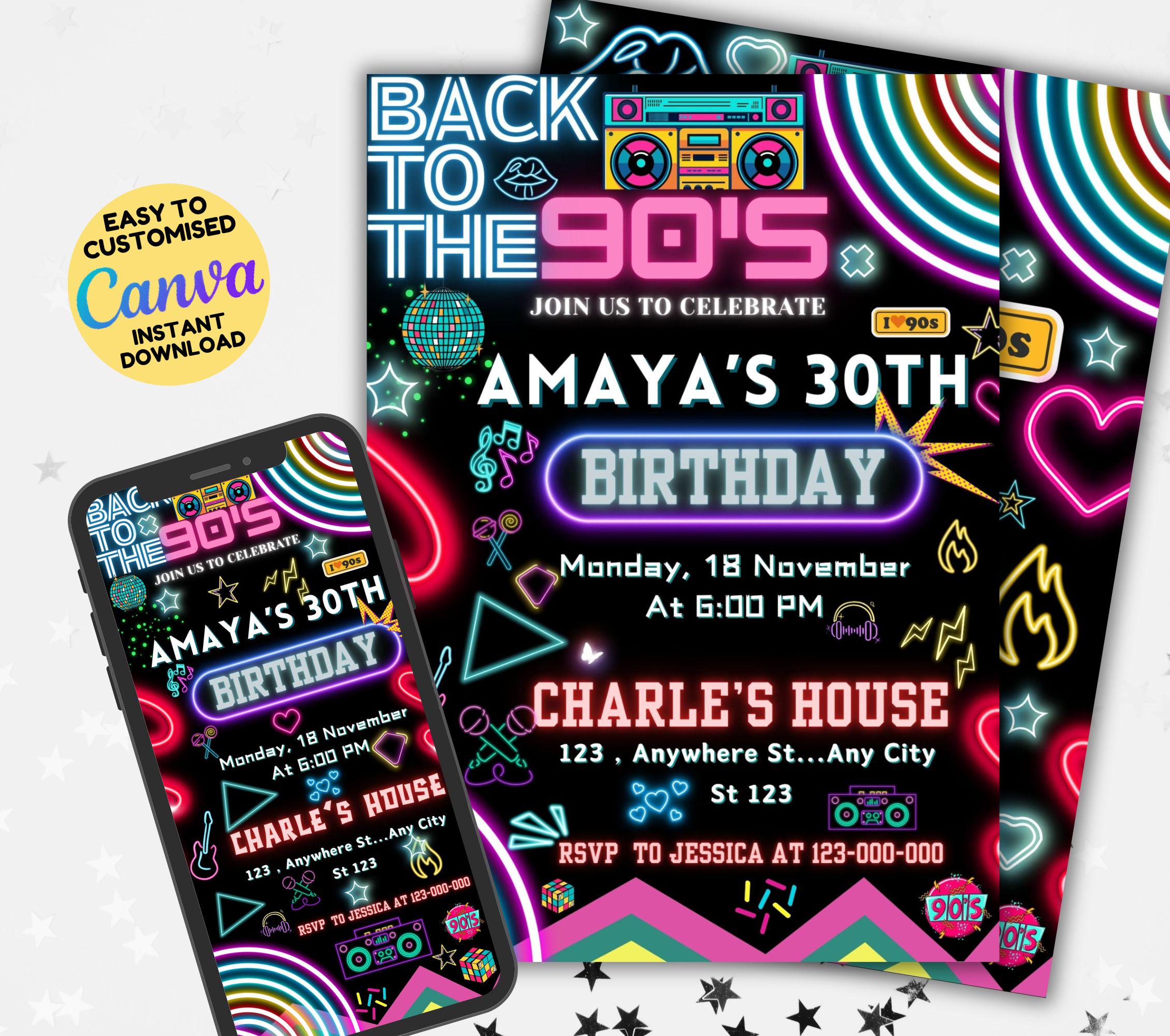 Editable 90s Party Invitation, Back to the 90s Party Invitation, Throwback Party, Neon Retro Rewind 1990s Disco Dance Birthday Party