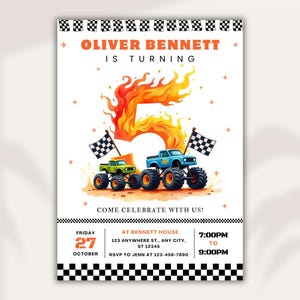 Puede incluir: Una invitaci&oacute;n de cumplea&ntilde;os con una ilustraci&oacute;n de camiones monstruo y llamas. La invitaci&oacute;n dice "Oliver Bennett cumple 5 a&ntilde;os" e incluye detalles del evento. El dise&ntilde;o incorpora acentos de bandera a cuadros y un fondo blanco.