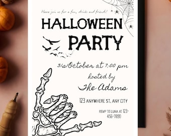 Bearbeitbare Skeletthand Halloween-Einladungsvorlage, druckbare Halloween-Party einladen, Kostüme und Cocktails einladen, Halloween für Erwachsene