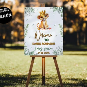 Modelo de placa de boas-vindas editável do Rei Leão, placa de boas-vindas do Simba, placa de boas-vindas do chá de bebê do Rei Leão, chá de bebê do Rei Leão, animal selvagem da selva