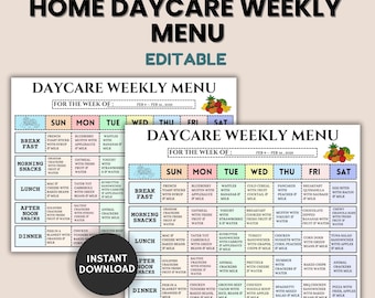Home Daycare Weekly Menu Editable, Preschool Menu, Home School Meal Planner, Weekly Meal Planner, Home School Meal Planner, Daycare Template