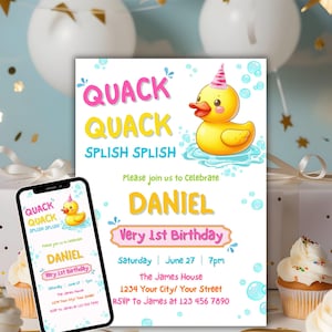 Editable Rubber Duck Birthday Invitation, Duck Party Invitation Template, Girls First Birthday Invite, Bath Time, Duck Party Invitation