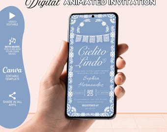 Invitación editable al baby shower de Cielito Lindo, invitación en video de Cielito Lindo, invitación a Papel Picado, invitación al baby shower mexicano, Talavera azul
