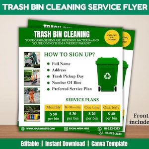 Bearbeitbares Mülleimer-Reinigungs-Flyer-Vorlagendesign, vorgefertigter Mülleimer-Reinigungsservice, privater und kommerzieller Mülleimer-Reinigungsflyer
