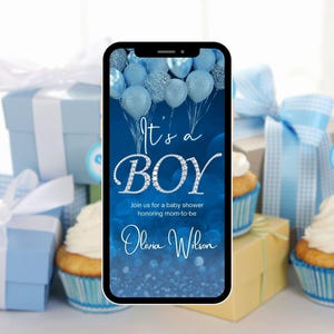 May include: A blue and silver digital invitation for a baby shower. The invitation features a blue background with silver glitter and blue balloons. The text "It's a Boy" is written in silver glitter with a diamond-like border. The invitation also includes the name "Olivia Wilson" and the text "Join us for a baby shower honouring mom-to-be".