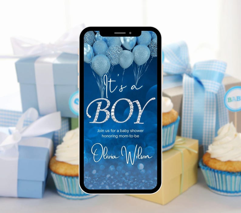 May include: A blue and silver digital invitation for a baby shower. The invitation features a blue background with silver glitter and blue balloons. The text "It's a Boy" is written in silver glitter with a diamond-like border. The invitation also includes the name "Olivia Wilson" and the text "Join us for a baby shower honouring mom-to-be".