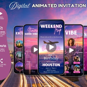 Animated Houston Takeover Trip Itinerary Invitation, Digital Birthday Travel Texas Vacation, Weekend Getaway Schedule, Travel Itinerary