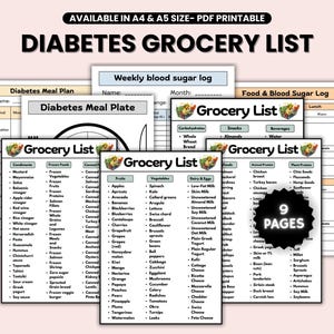 Pacchetto di liste della spesa per diabetici, elenco di alimenti adatti ai diabetici, elenco di alimenti a basso contenuto di zuccheri, diabete di tipo 2, registro della glicemia, piano alimentare per diabetici